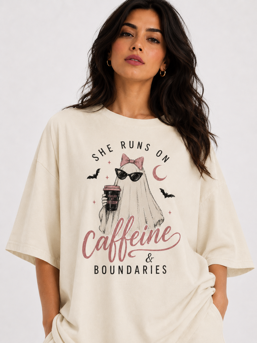 She Runs on Caffeine and Boundaries Shirt, Funny Ghost Halloween Tee