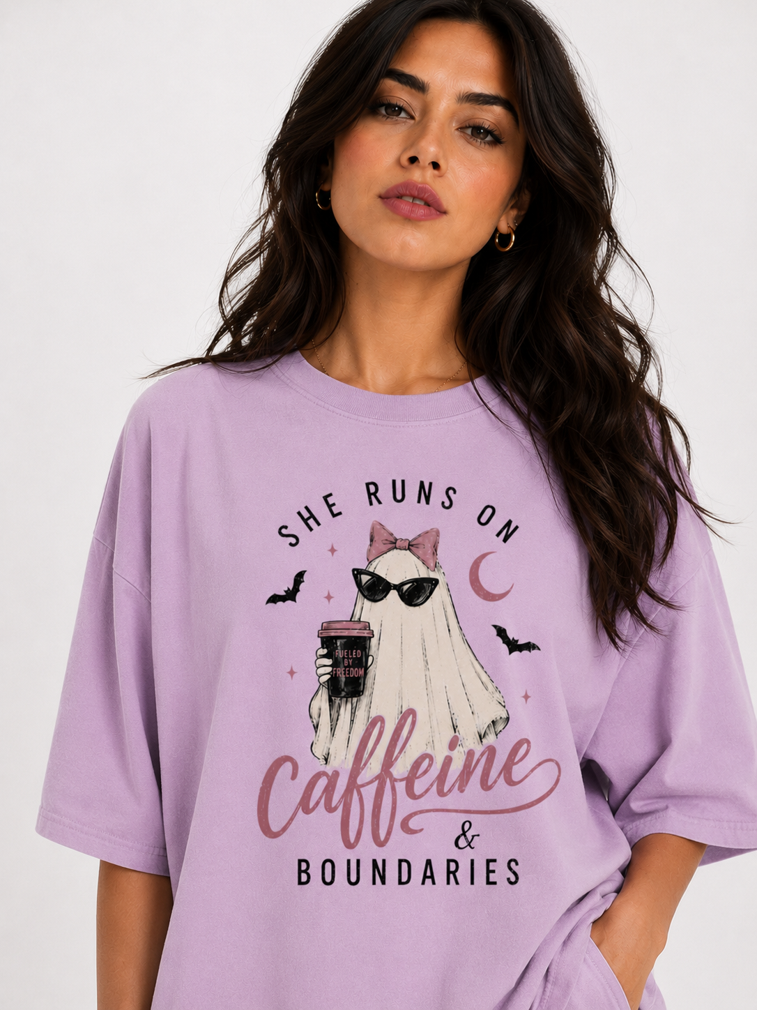 She Runs on Caffeine and Boundaries Shirt, Funny Ghost Halloween Tee