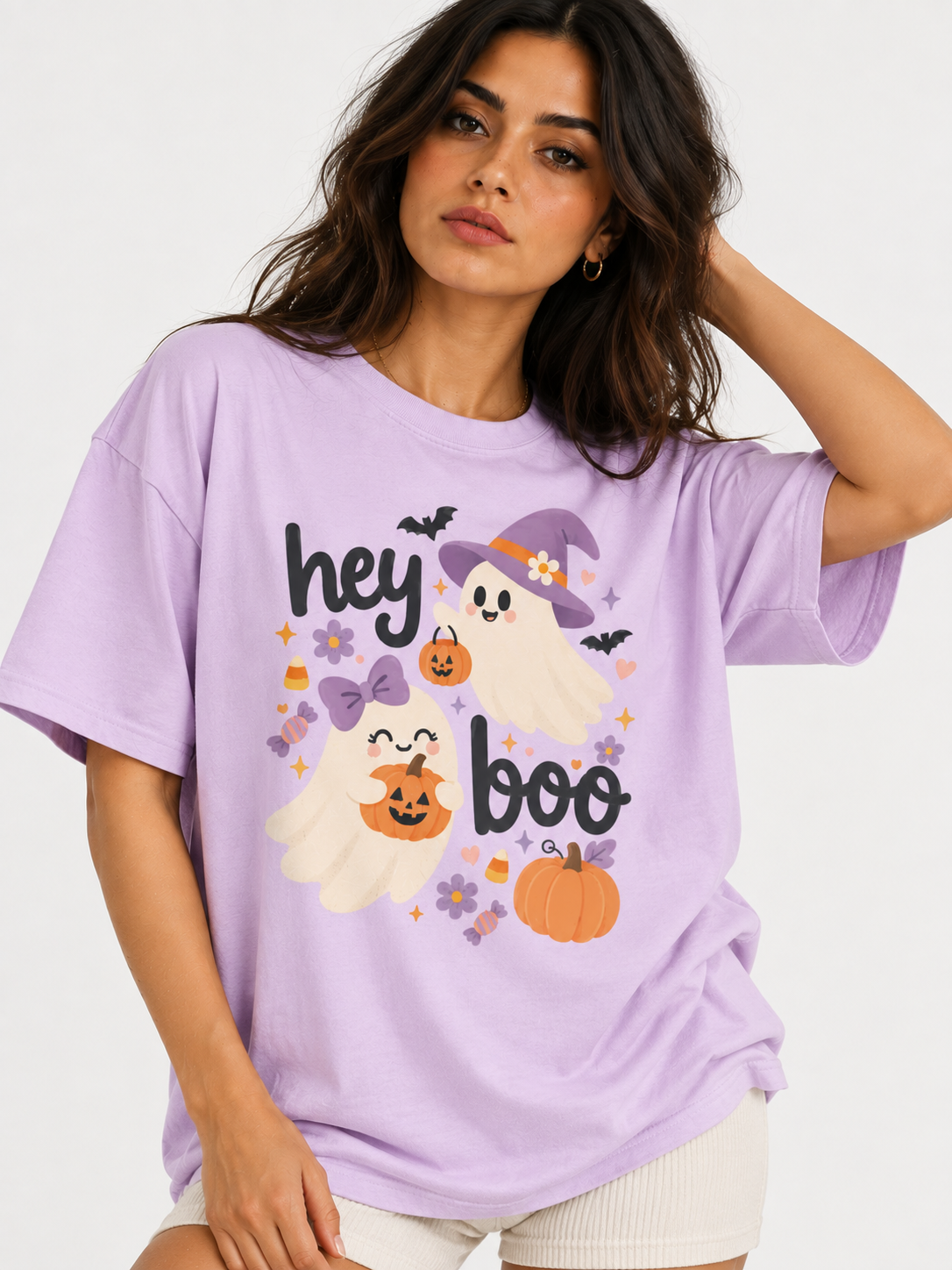 Hey Boo Ghost Halloween Shirt, Cute Pumpkin Graphic Tee