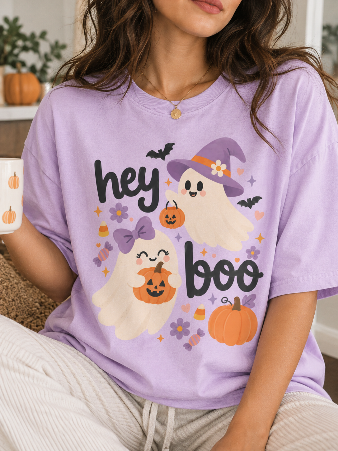 Hey Boo Ghost Halloween Shirt, Cute Pumpkin Graphic Tee